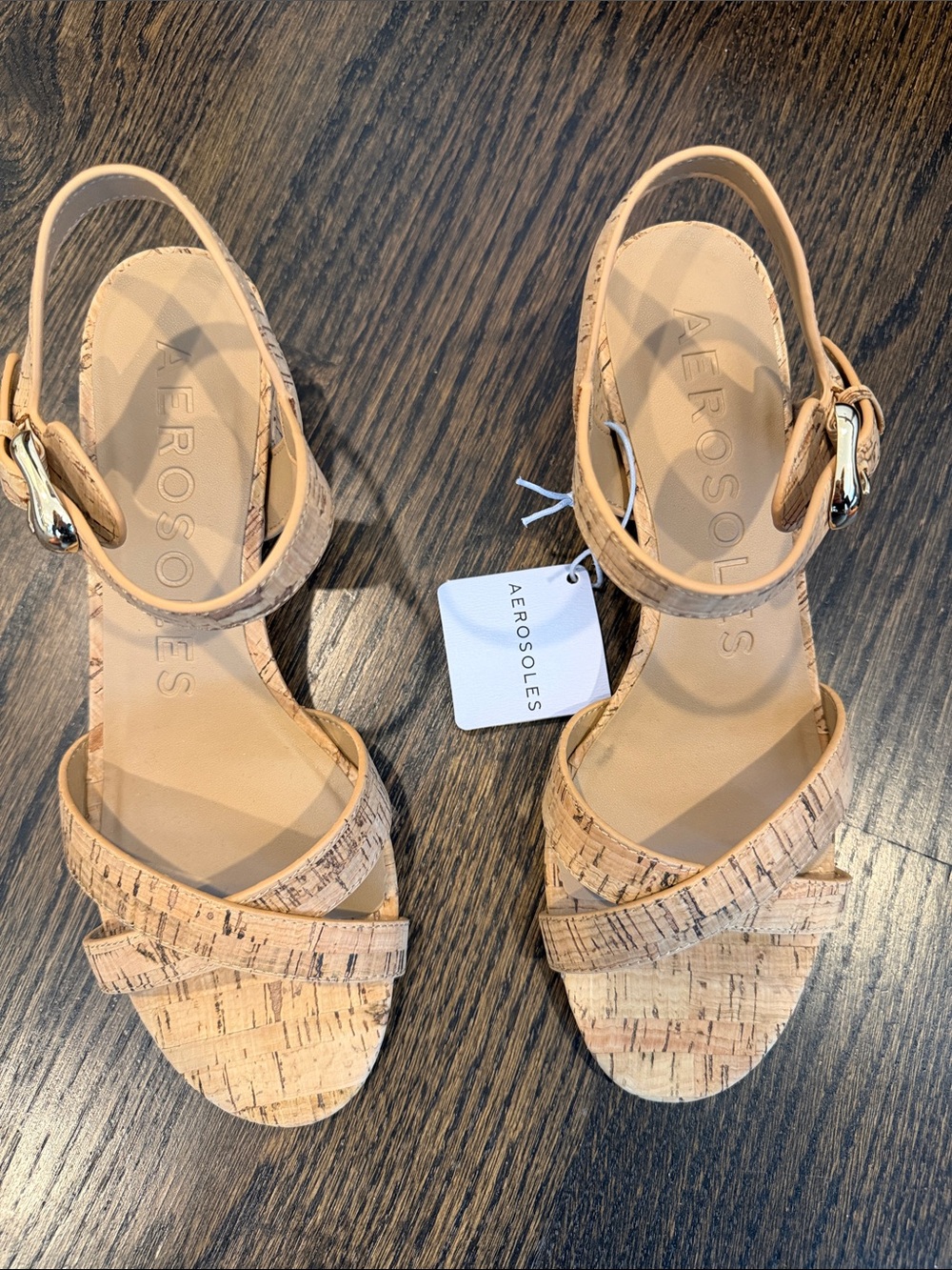 AEROSOLES Cork-Textured 2” heel Sandals in Natural Tan